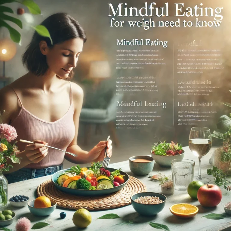 Person practicing mindful eating with a healthy, colorful meal at a serene dining table, promoting weight loss and wellness.