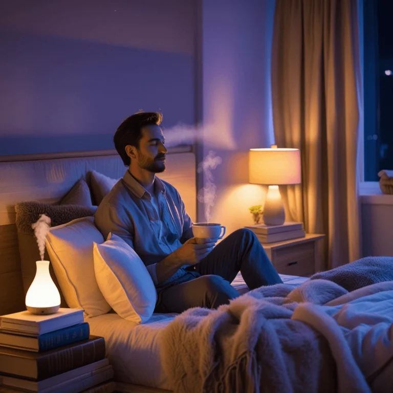 A cozy bedroom at night with soft lighting, a neatly made bed, and a calming atmosphere for better sleep