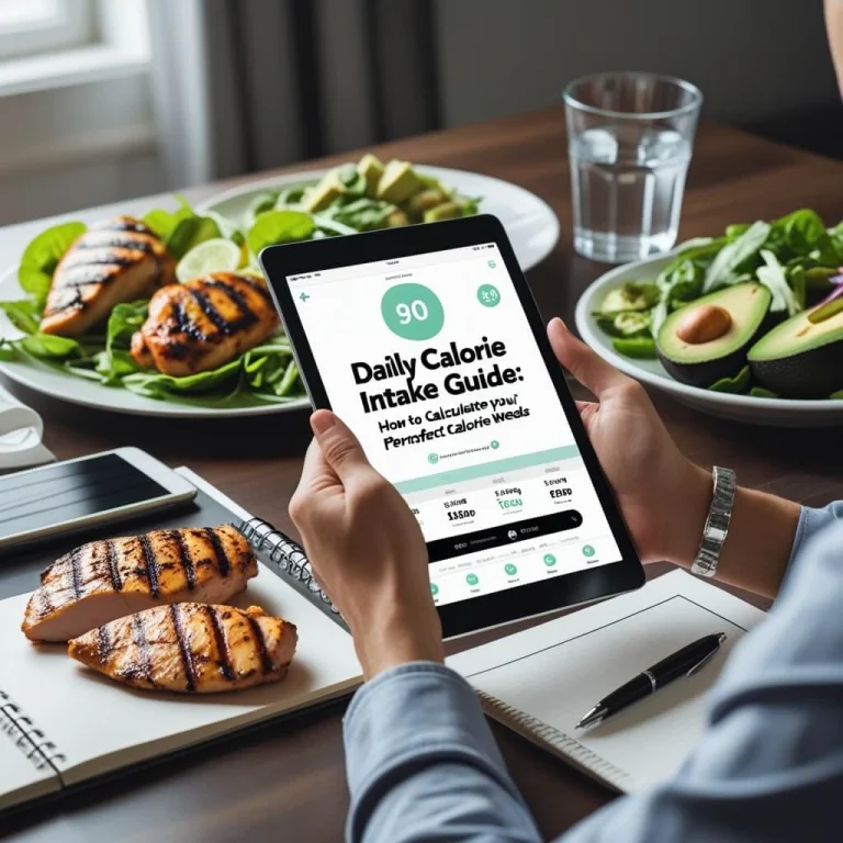 A nutritionist explaining daily calorie intake with a colorful chart, calculator, and fresh food on a table.
