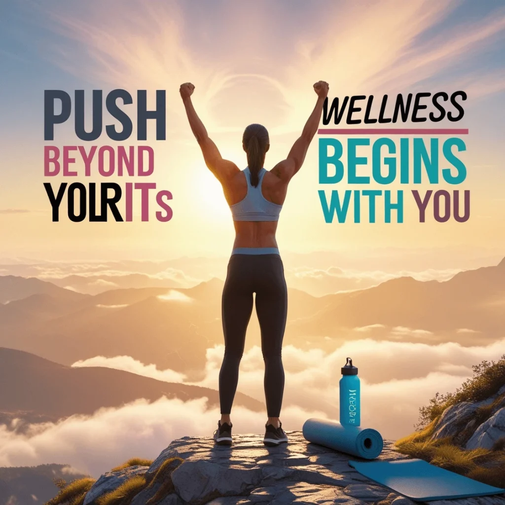 Motivational fitness quotes on a gym wall with workout equipment in the foreground