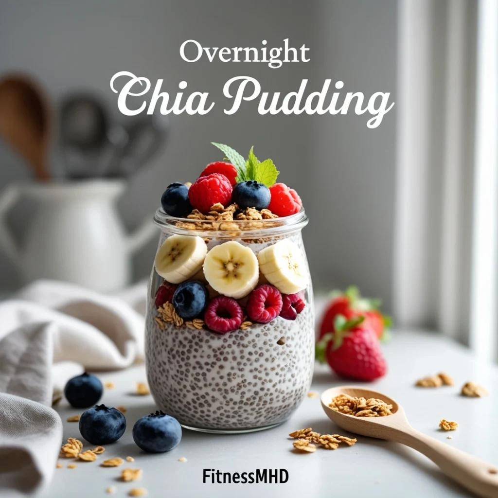 A jar of creamy overnight chia pudding topped with fresh berries, sliced bananas, and granola, placed in a modern kitchen setting with soft natural lighting