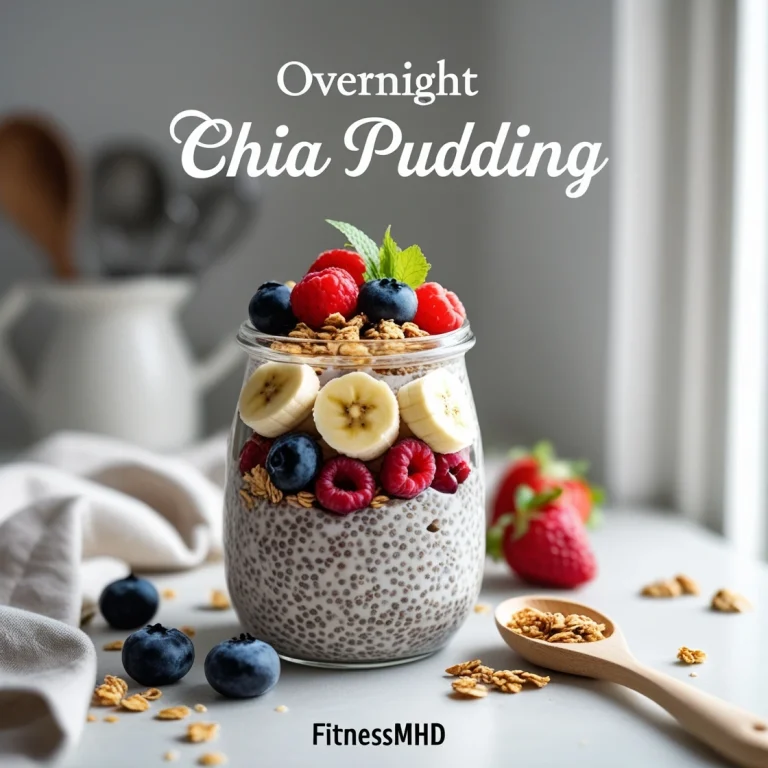 A jar of creamy overnight chia pudding topped with fresh berries, sliced bananas, and granola, placed in a modern kitchen setting with soft natural lighting