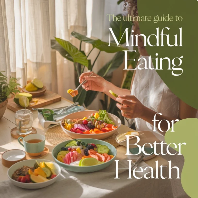 Person practicing mindful eating with a healthy, colorful meal at a peaceful table, emphasizing health and balance.