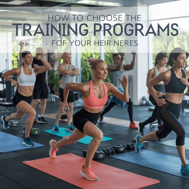 A diverse group of people exercising in a gym with a trainer, performing various activities like weightlifting, yoga, and running, symbolizing tailored training programs.