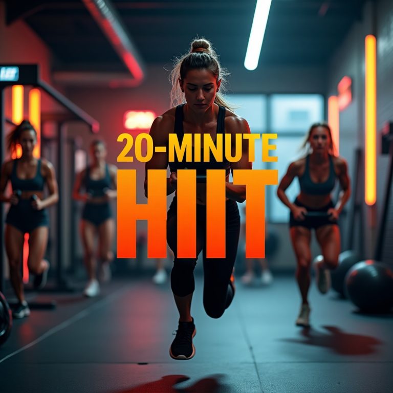 Diverse group performing intense 20-minute HIIT workout including burpees and jump squats in modern gym for maximum fat burn