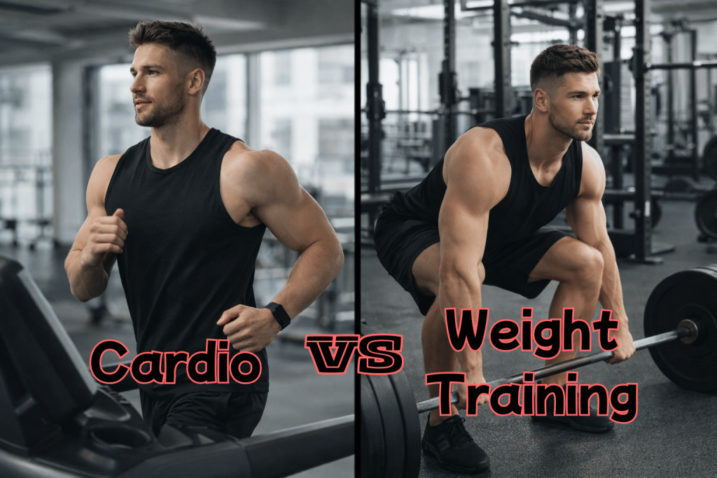 Cardio vs weight training for fat loss showing running and lifting weights comparison