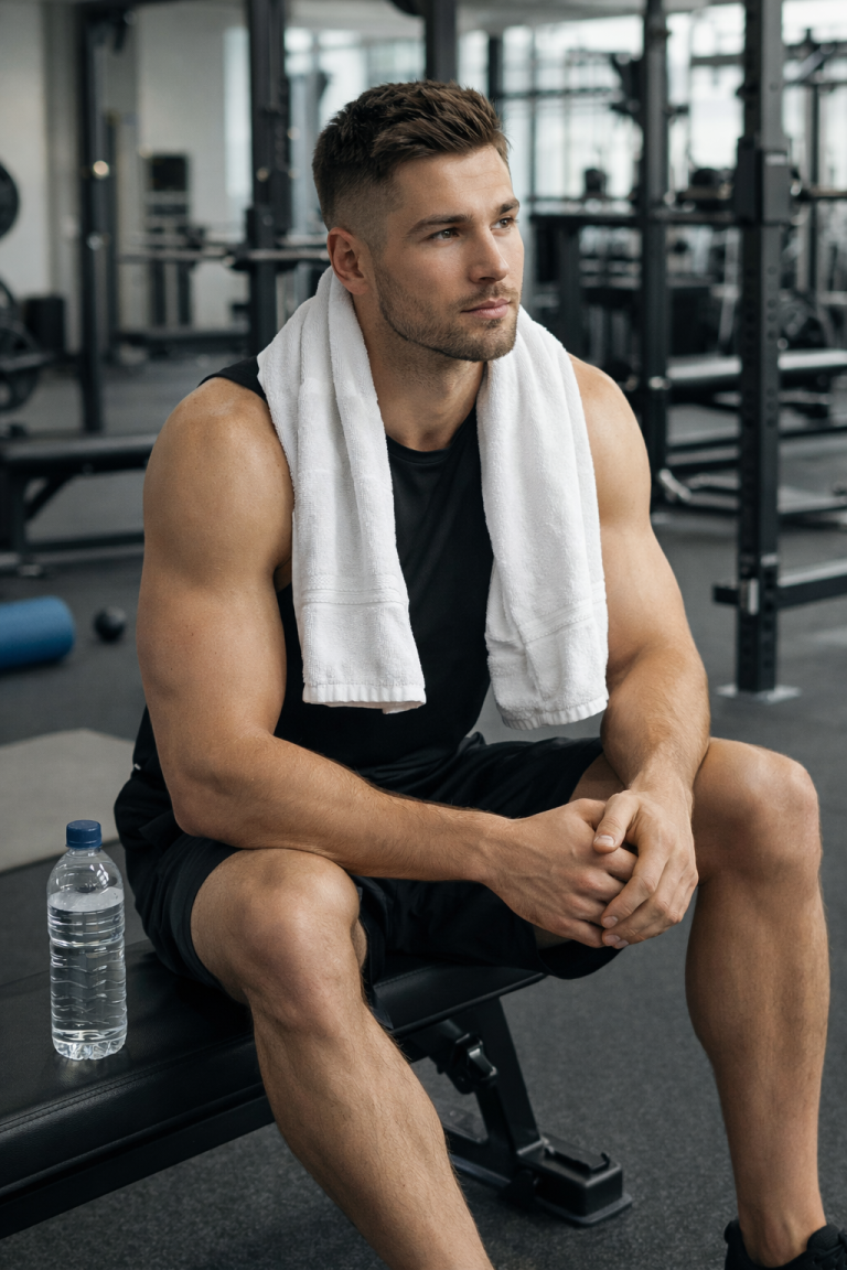 Athlete resting on a gym bench after workout, representing rest days in training and muscle recovery.