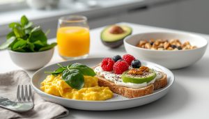 Healthy breakfast for weight loss with eggs, oatmeal, Greek yogurt, and fresh fruit